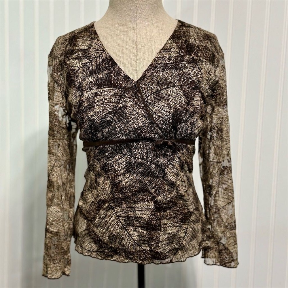 Dressbarn M Sheer Mesh Wrap Top Leaf Botanical Print Brown Y2K 2000s Long Sleeve